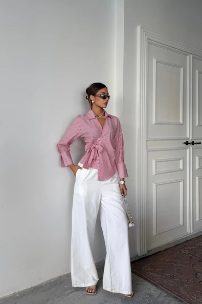 ÇİZGİLİ POPLİN KRUVAZE BAĞLAMALI GÖMLEK - Kırmızı ürün görseli