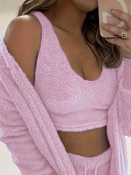 Kadın Askılı Peluş Bluz,şort Ve Ceket üçlü Takım - Resim 2