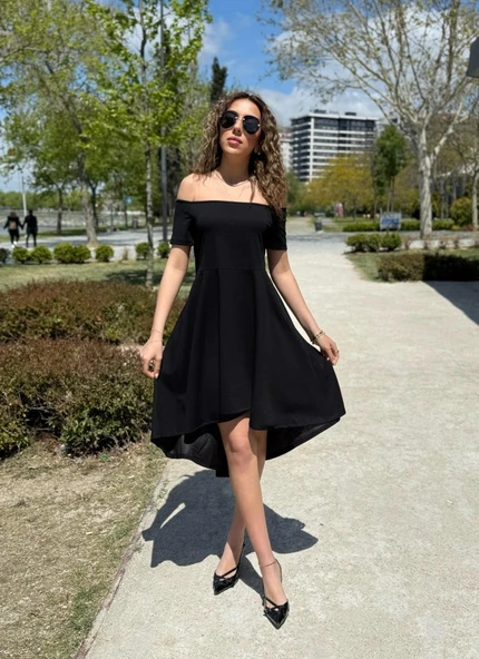 Kadın Kısa Kollu Madonna Yaka önü Kısa Arkası Uzun Ithal Krep Elbise ürün görseli