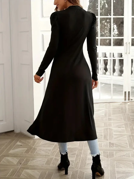 Kadın Uzun Balon Kollu Yarı Balıkçı Yaka önü Açık Kaşkorse Tunik - Resim 4