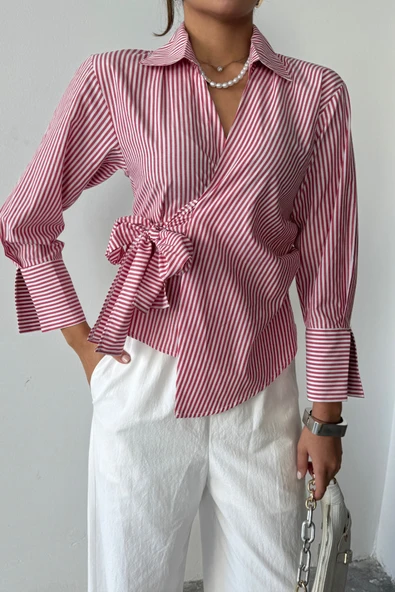 ÇİZGİLİ POPLİN KRUVAZE BAĞLAMALI GÖMLEK - Kırmızı - Resim 2