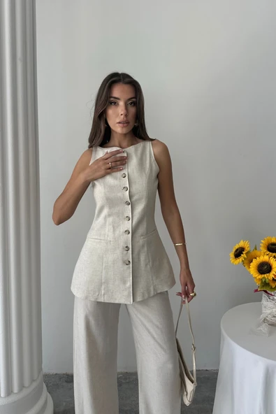 KETEN YELEK - PANTOLON TAKIM - Taş - Resim 2