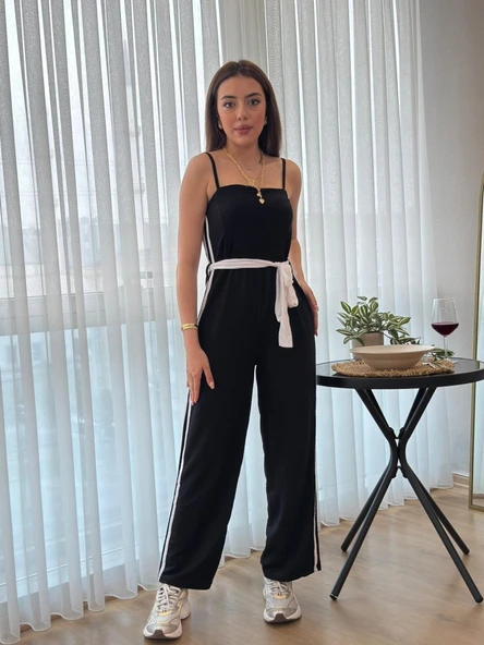 Kadın Ip Askılı Straplez Belden Kuşaklı Viskon Iki Iplik Tulum - Resim 2