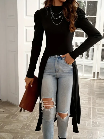 Kadın Uzun Balon Kollu Yarı Balıkçı Yaka önü Açık Kaşkorse Tunik - Resim 2