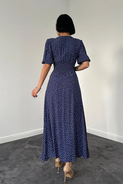 Lacivert Arka Ve Bel Ucu Gipeli Elbise - Resim 3