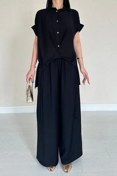 Siyah Önü Pileli İkili Keten Takım - Resim 4