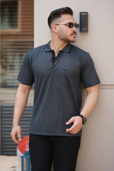 Erkek Yakalı Mini Jakarlı Kısa Kollu T-shirt - Resim 3