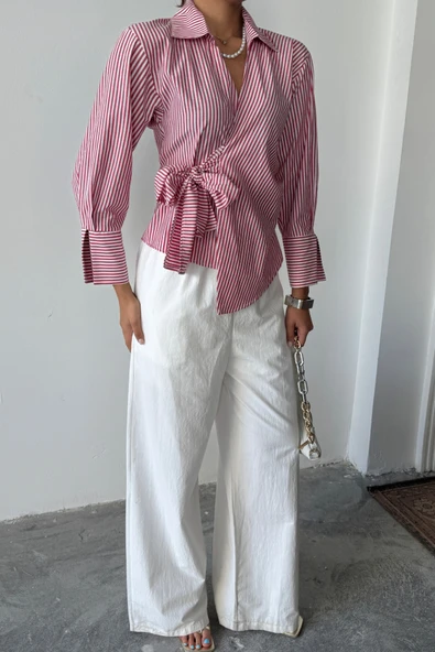 ÇİZGİLİ POPLİN KRUVAZE BAĞLAMALI GÖMLEK - Kırmızı - Resim 4