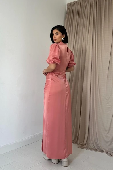 Pudra Büzgülü Saten Elbise - Resim 4