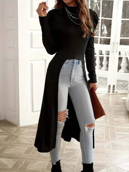 Kadın Uzun Balon Kollu Yarı Balıkçı Yaka önü Açık Kaşkorse Tunik - Resim 7