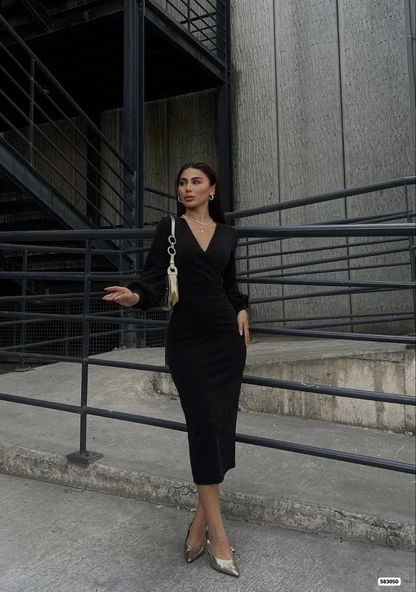 Kadın Kruvaze Yaka Balon Kol Simli Krep Kumaş Midi Boy Elbise - Resim 3