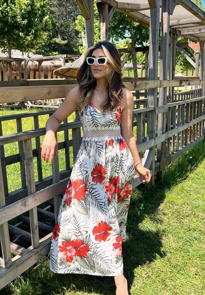 Kadın Ip Askılı V Yakalı Bel Güpür çiçek Desenli Yandan Yırtmaçlı Maksi Süprem Elbise - Resim 2