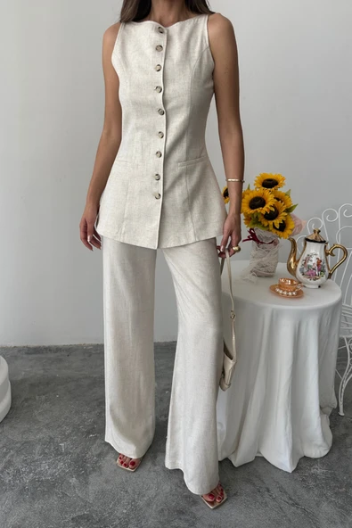 KETEN YELEK - PANTOLON TAKIM - Taş - Resim 3