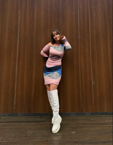 Kadın Uzun Kollu Tek Omuzu Askı Toka Detaylı Kısa Dalgıç Elbise - Resim 2