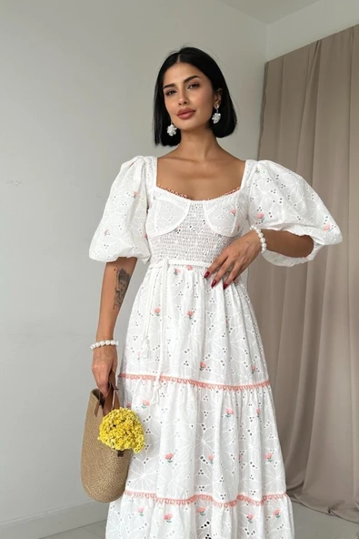 Pudra Dantel Detaylı Brode Elbise - Resim 2