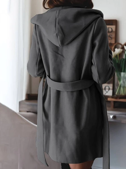 Kadın Uzun Kollu Belden Kuşaklı Kapşonlu Kısa Kaşe Kaban - Resim 4