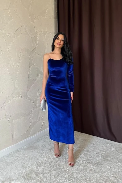 Saks Tek Omuzlu Taş Askılı Elbise - Resim 2