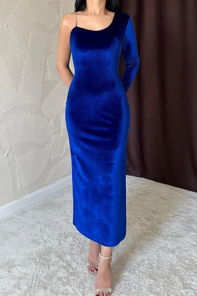 Saks Tek Omuzlu Taş Askılı Elbise - Resim 3