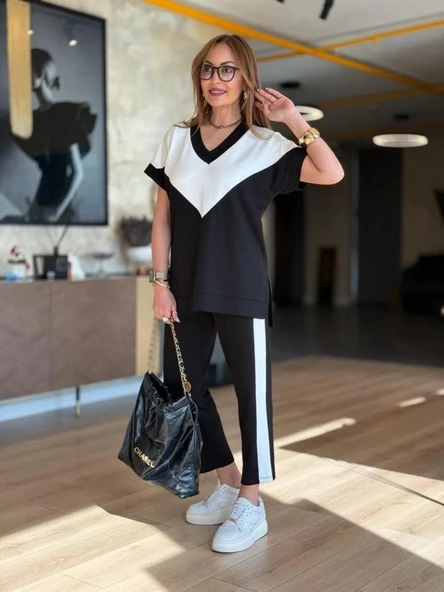 Kadın Kısa Kollu V Yaka Siyah Beyaz Renkli Viskon Iki Iplik Kumaş Eşofman Takımı - Resim 3