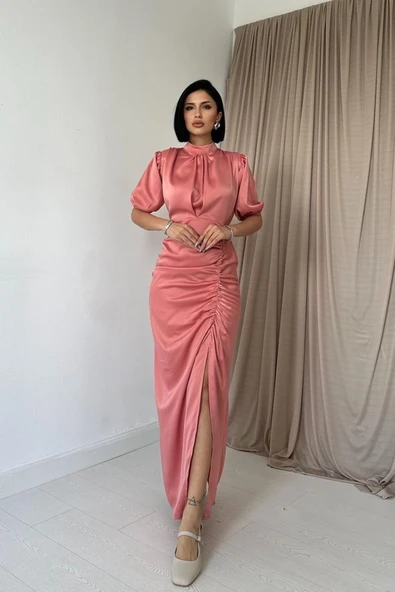 Pudra Büzgülü Saten Elbise ürün görseli