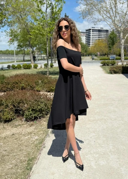 Kadın Kısa Kollu Madonna Yaka önü Kısa Arkası Uzun Ithal Krep Elbise - Resim 4