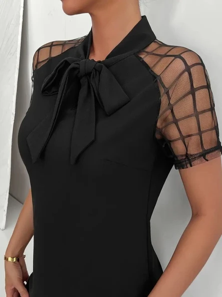 Kadın Kısa Kollu Boyundan Bağlamalı Omuzlarda Tül Detaylı Janjan Krep Elbise - Resim 2