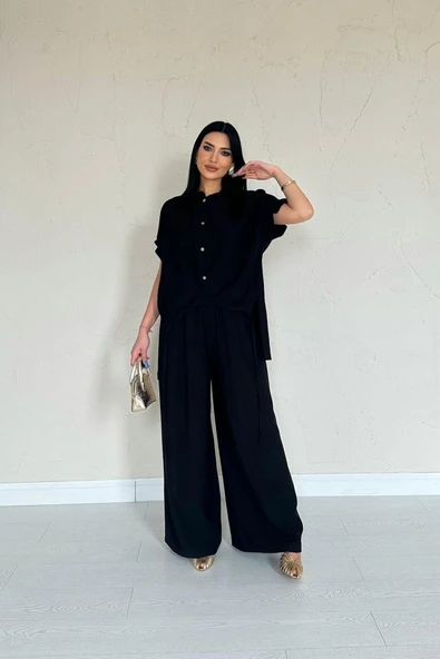 Siyah Önü Pileli İkili Keten Takım ürün görseli