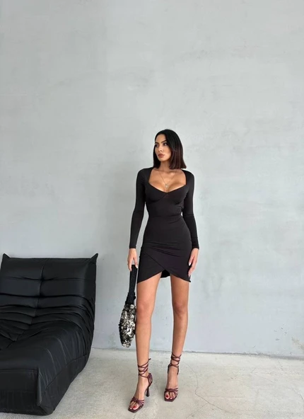 Kadın Uzun Kollu Göğüs Ve Sırt Dekolteli Kruvaze Etek Detay Fırsat ürün Mini Elbise - Resim 4