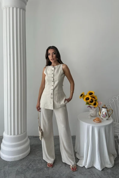 KETEN YELEK - PANTOLON TAKIM - Taş - Resim 4