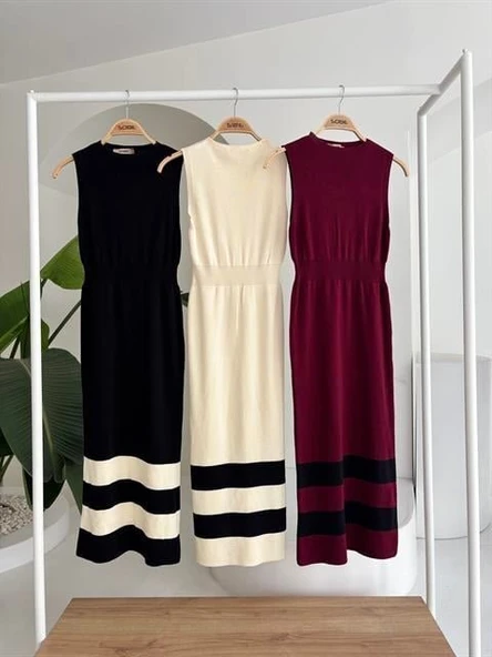 Etek Ucu Şerit Detaylı Triko Elbise 2831 - Resim 11