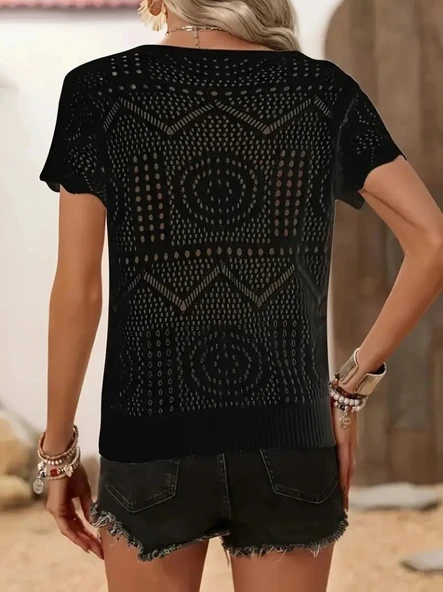 Kadın Kısa Kollu Bisiklet Yaka Desenli Triko Bluz - Resim 4