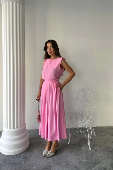 KETEN KOLSUZ BLUZ - MAXİ ETEK TAKIM - Pembe - 4