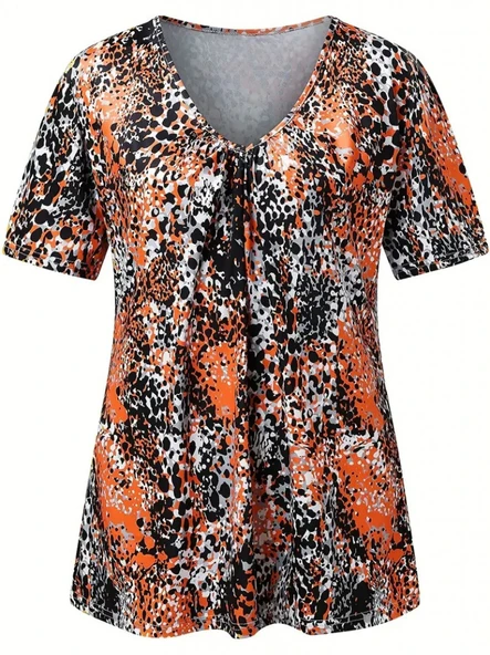 Kadın V Yaka Renkli Leopar Desen Büzgü Detay Süprem Bluz - Resim 4