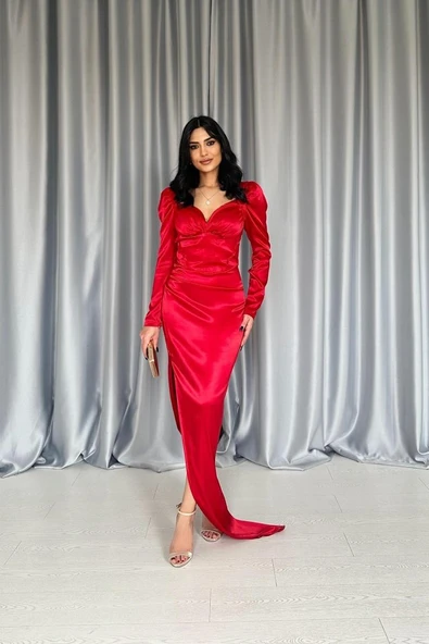 Kırmızı Göğsü Kuplu Yırtmaçlı Elbise - Resim 2