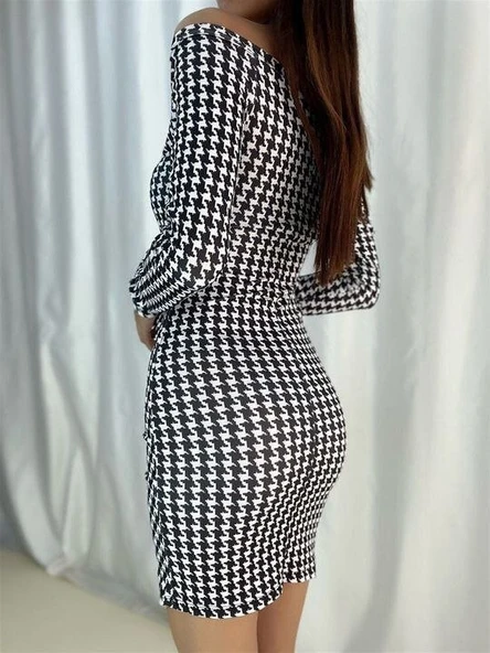 Kadın Kazayağı Desenli Kruvaze Yaka Mini Krep Elbise - Resim 3