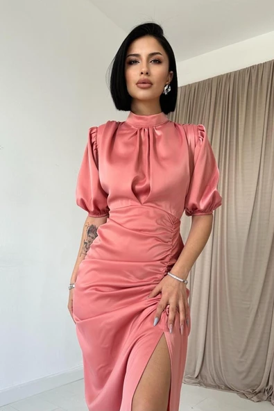 Pudra Büzgülü Saten Elbise - Resim 2