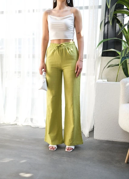 Beli̇ Lasti̇kli̇ Ve Bağcikli Keten Pantolon - Resim 3