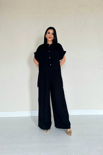 Siyah Önü Pileli İkili Keten Takım - Resim 3