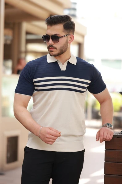 Erkek çizgi Desenli Yakalı Kısa Kollu T-shirt ürün görseli