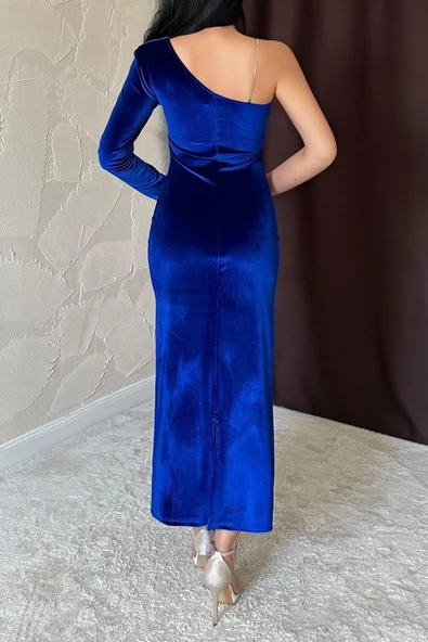 Saks Tek Omuzlu Taş Askılı Elbise - Resim 4