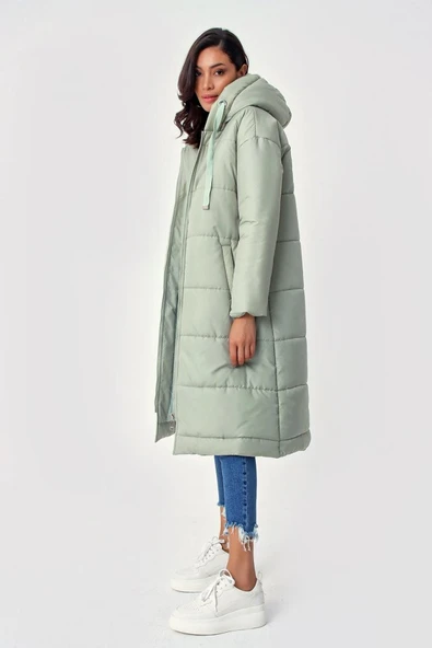 5120 Kapşonlu Uzun Şişme Mont - Mint - 2