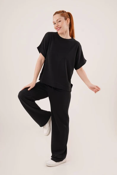 Modal Kısa Kollu Üst Ve Geniş Paça Eşofman İkili Siyah Takım - 3