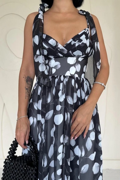 Siyah Şifon Drapeli Elbise - Resim 3