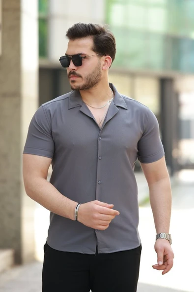 Erkek Apaj Yaka Kısa Kollu Gömlek - 1