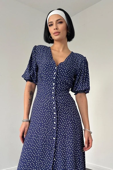 Lacivert Arka Ve Bel Ucu Gipeli Elbise - Resim 2