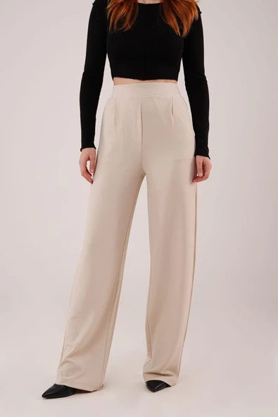 Yüksek Bel Bol Paça Krep Krem Pantolon - Resim 2