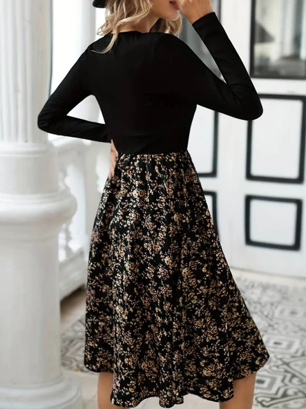 Kadın Uzun Kollu V Yakalı üst Viskon Alt çiçek Desenli Süprem Kısa Elbise - Resim 6