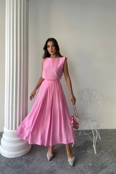 KETEN KOLSUZ BLUZ - MAXİ ETEK TAKIM - Pembe - 1