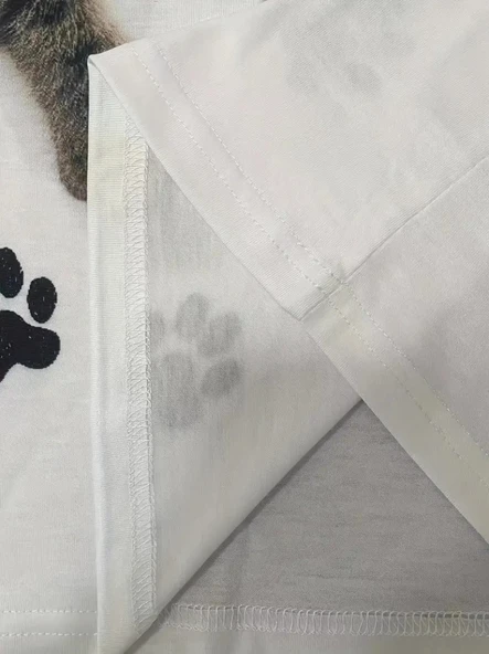Kadın Kısa Kollu Kedi Ve Pati Baskılı Süprem T-shirt - Resim 6
