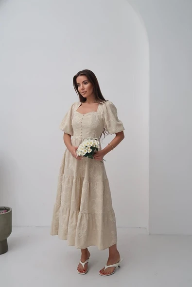 Bej Süs Düğmeli Balon Kollu Elbise - Resim 2